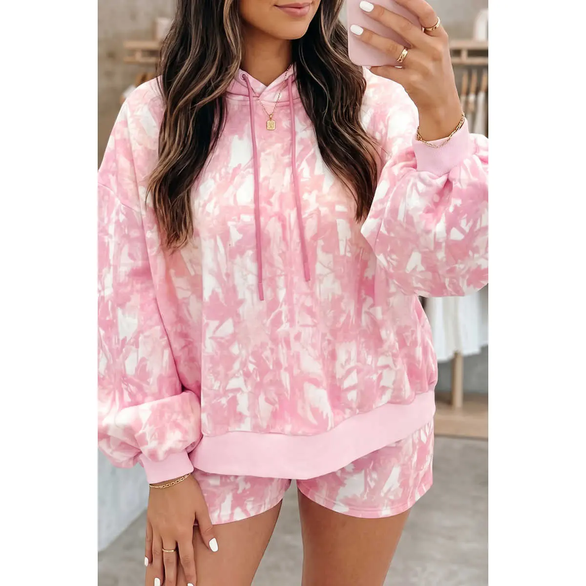 Artistic Abstract Tie Dye Two Piece Outfit Oversized Long Sleeve Hoodie Front Pocket Slim Elastic Waist Casual Short Matching Set