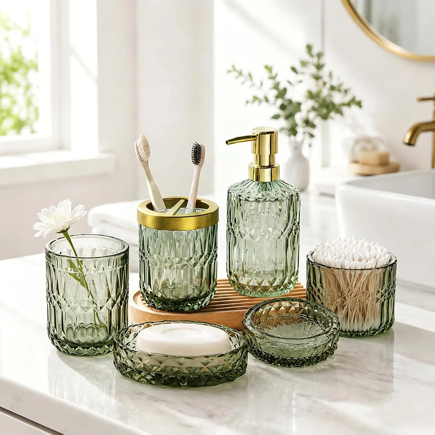 Green Bathroom Accessories Set, 5 count Clear Glass Green Accessories with Lotion Soap Dispenser, Soap Dish,  Holder, Tumbler,  Swab Jar, Modern Bathroom Decor