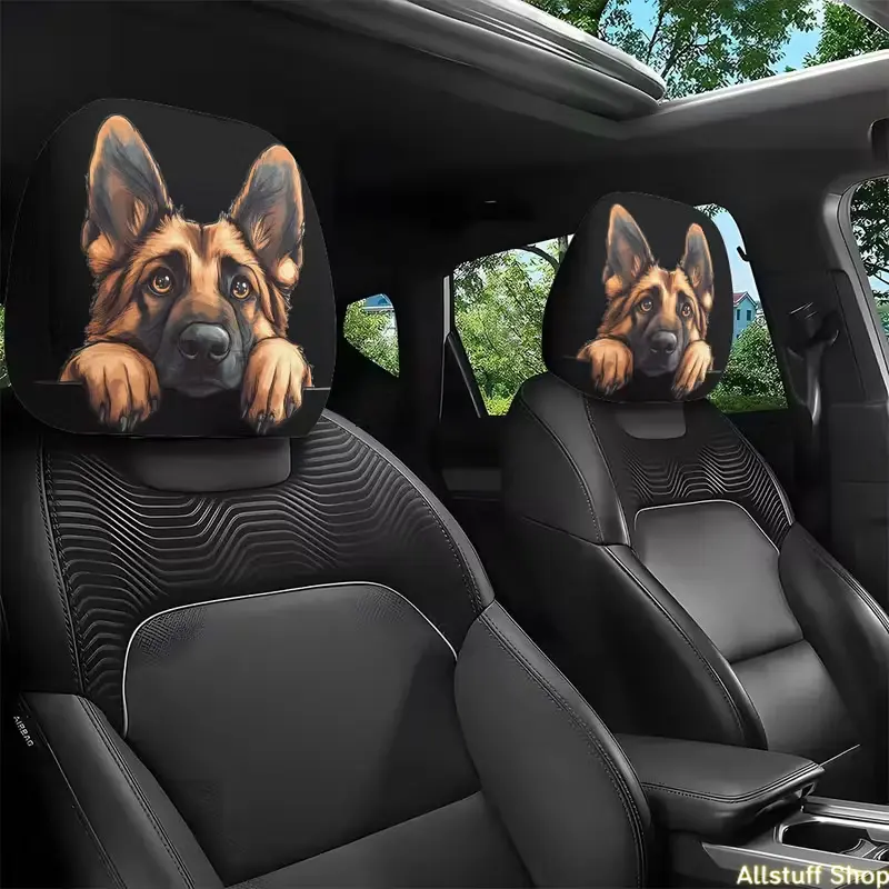 2PCS 11x10.2 Inch German Shepherd Peeking Car Headrest Covers, Universal Car Seat Back Protectors, Durable Easy Install Auto Interior Seat Covers, Cute Dog Pattern Car Accessories for SUV, Truck and Daily Driving Interior Decoration
