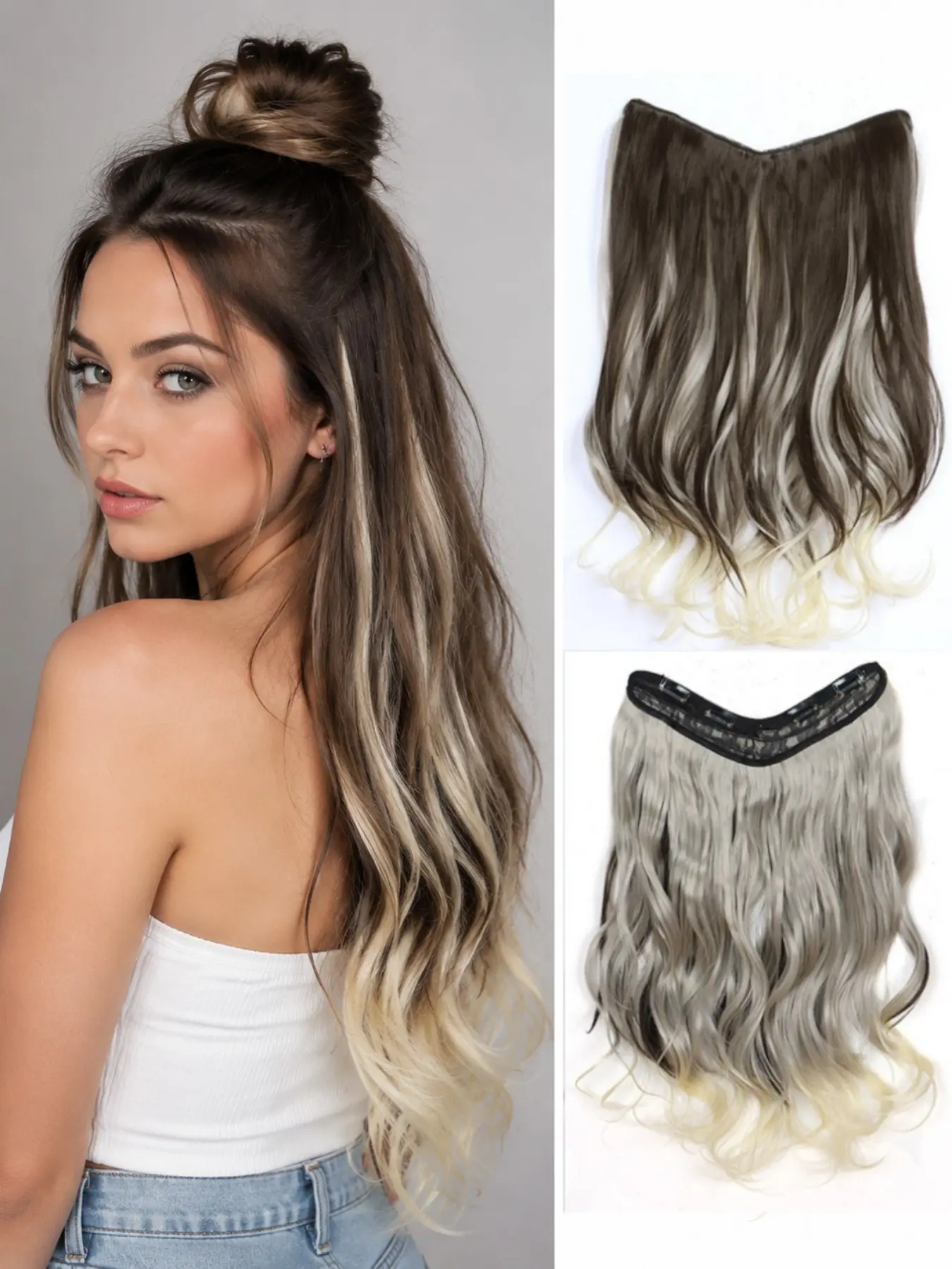 20 Inch V Shape Clip In Hair Extensions for Women, 4 Clips Synthetic Hair Extensions, Natural Looking Hairpiece for Instant Length & Volume