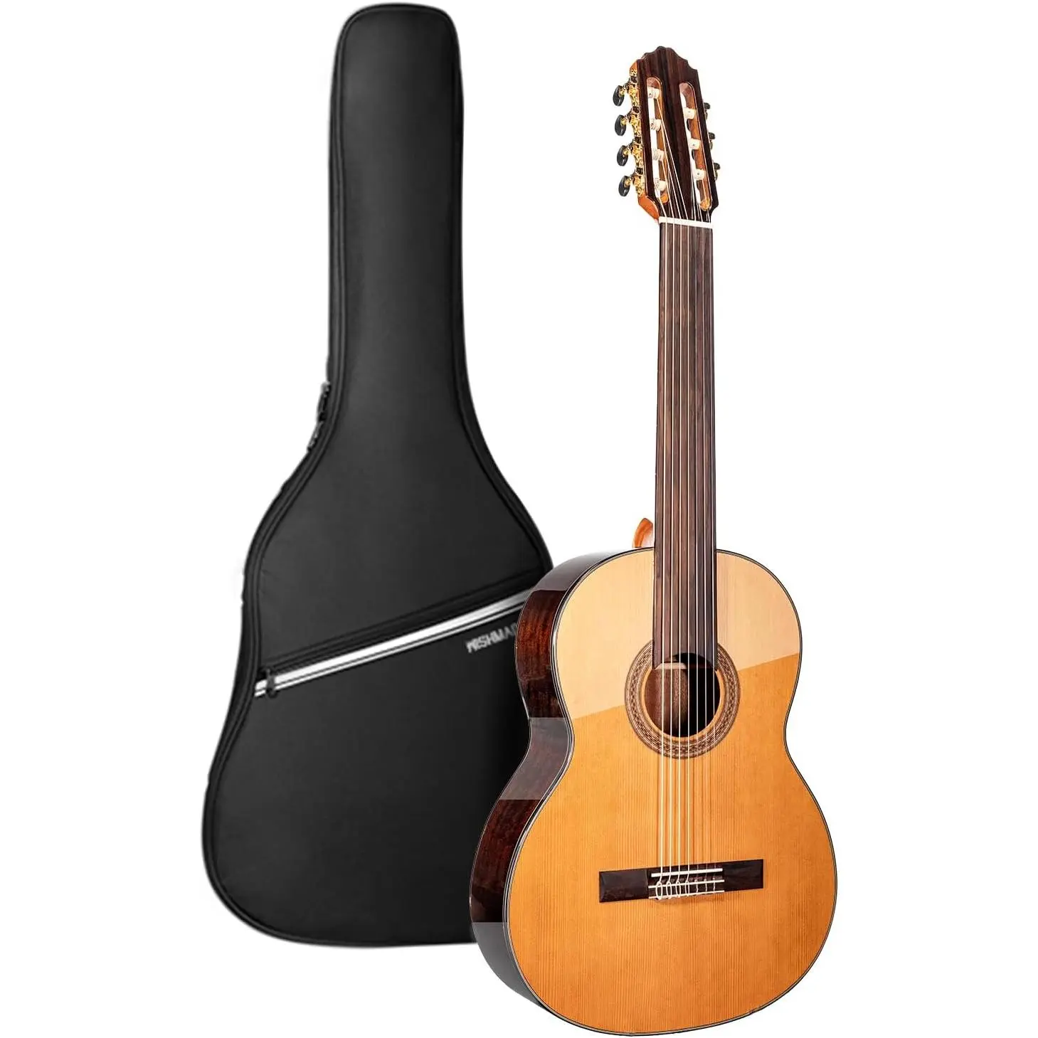 WishMade 7-String Fretless Acoustic Classical Nylon Guitar with Gig Bag | Red cedar top, rosewood fingerboard, Additional low B string for classical, jazz, flamenco, fingerstyle playing, adults