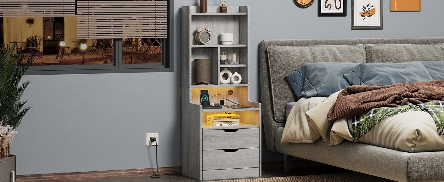 Sikaic LED Tall Nightstand with Bookshelf Charging Station Grey Modern Side Table Bedside Cabinet RGB LED Lights 2 USB Ports & 2 Power Outlets for Bedrooms and Living Rooms