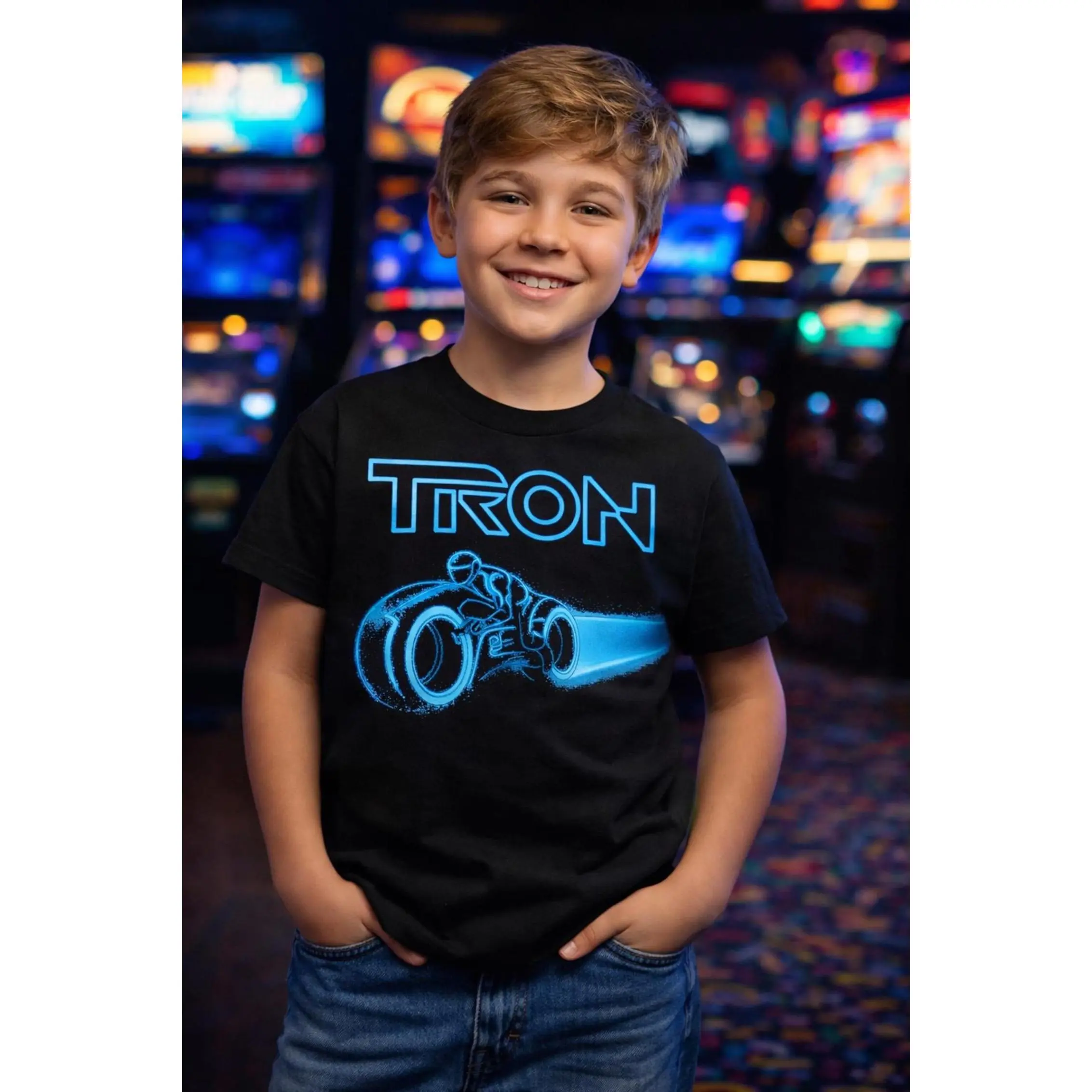 Kids' TRON Graphic T-Shirt, Retro Short Sleeve Crew Neck Sci-Fi Top for Boys & Girls, Neon Arcade Inspired Theme Park Outfit