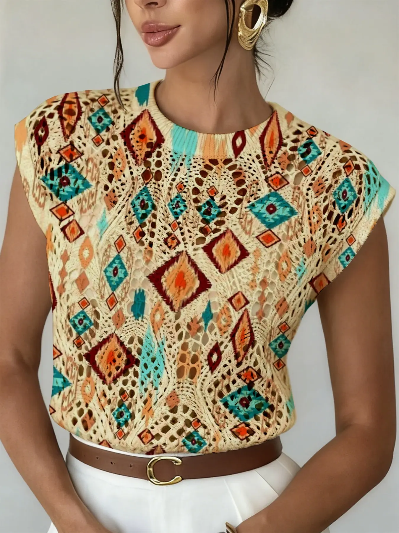 Women's Vintage Artistic Abstract Texture Colorblock Geometric Print Round Neck Sweater, Casual Loose Fit Knit Top for Spring Summer Fall
