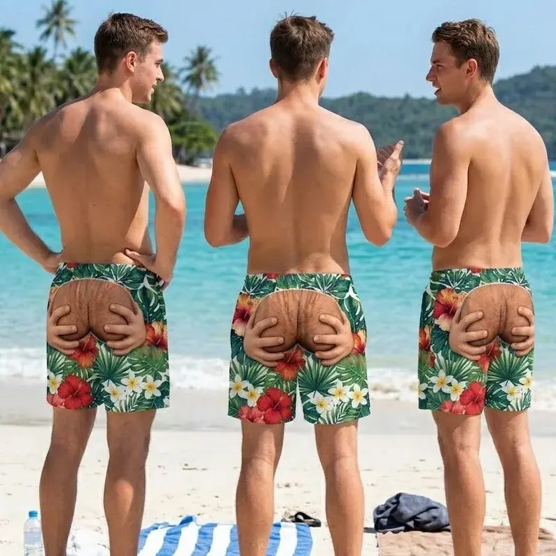 Male Cheeky-Cut Funny Swim Trunks - Hawaiian Look Beach Wear, Multi-Size Gag Gift Swim Shorts for Him