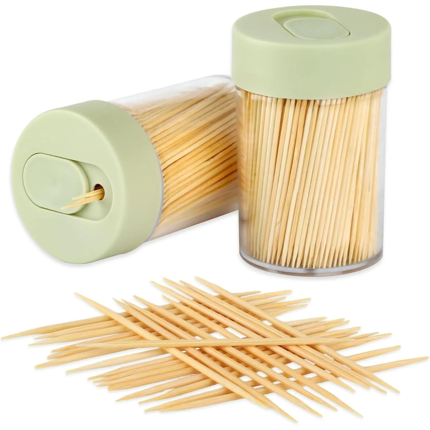 2PS Toothpick Holder with 1000 Count Bamboo Toothpicks for Teeth Cleaning Fruits- Round Double-Pointed Wooden Toothpicks, for Appetizers,Olives