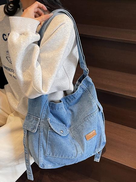 Simple retro denim shoulder bag, multi-pocket workwear style messenger bag, washed and distressed craftsmanship, retro casual messenger bag, Denim crossbody bags, suitable for daily commuting, shopping, outdoor travel, etc.