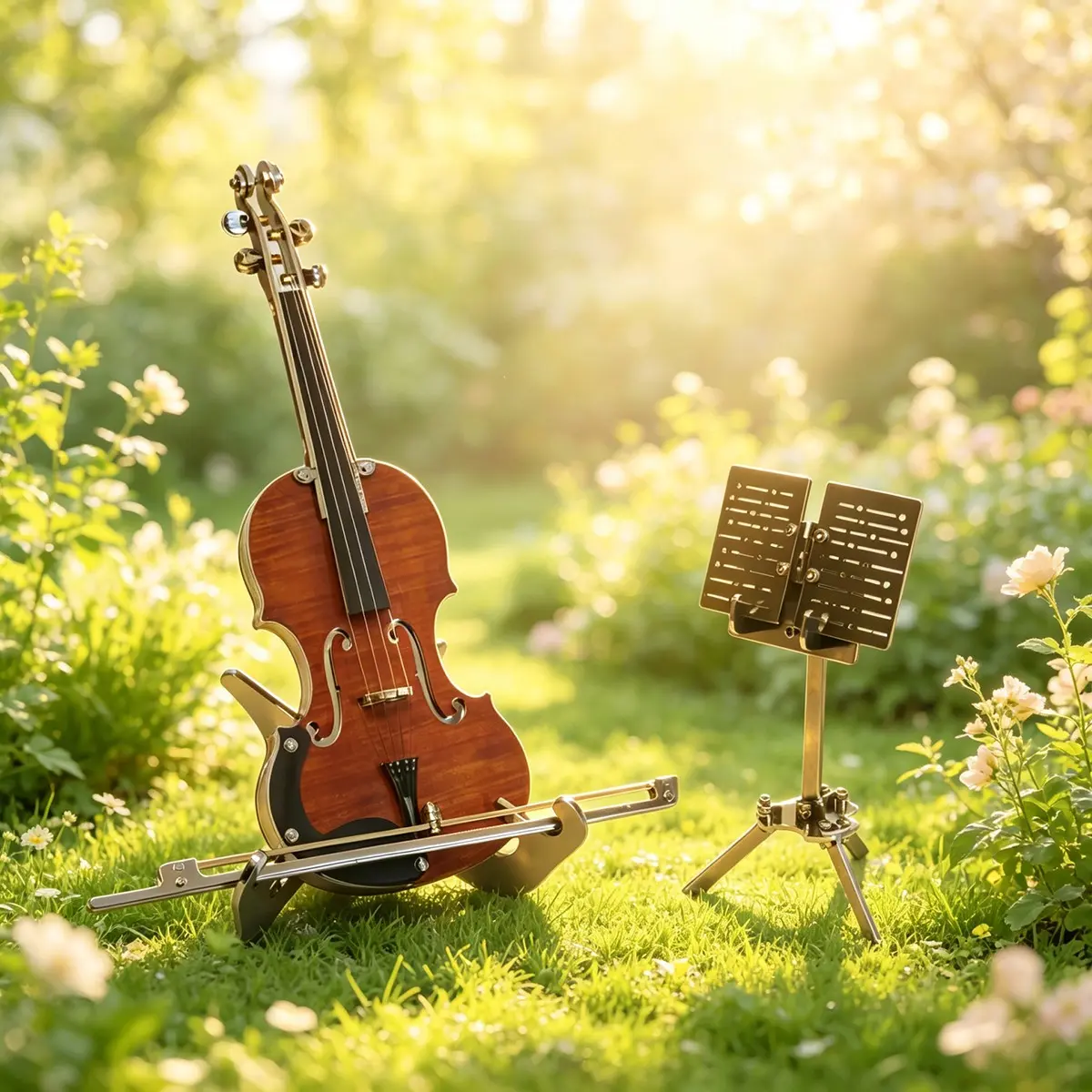 Beautiful Metal Mini Violin Set: Stand, Bow, Case, Sheet Music, Perfect Home Decor, Christmas, Halloween, Thanksgiving Gift!