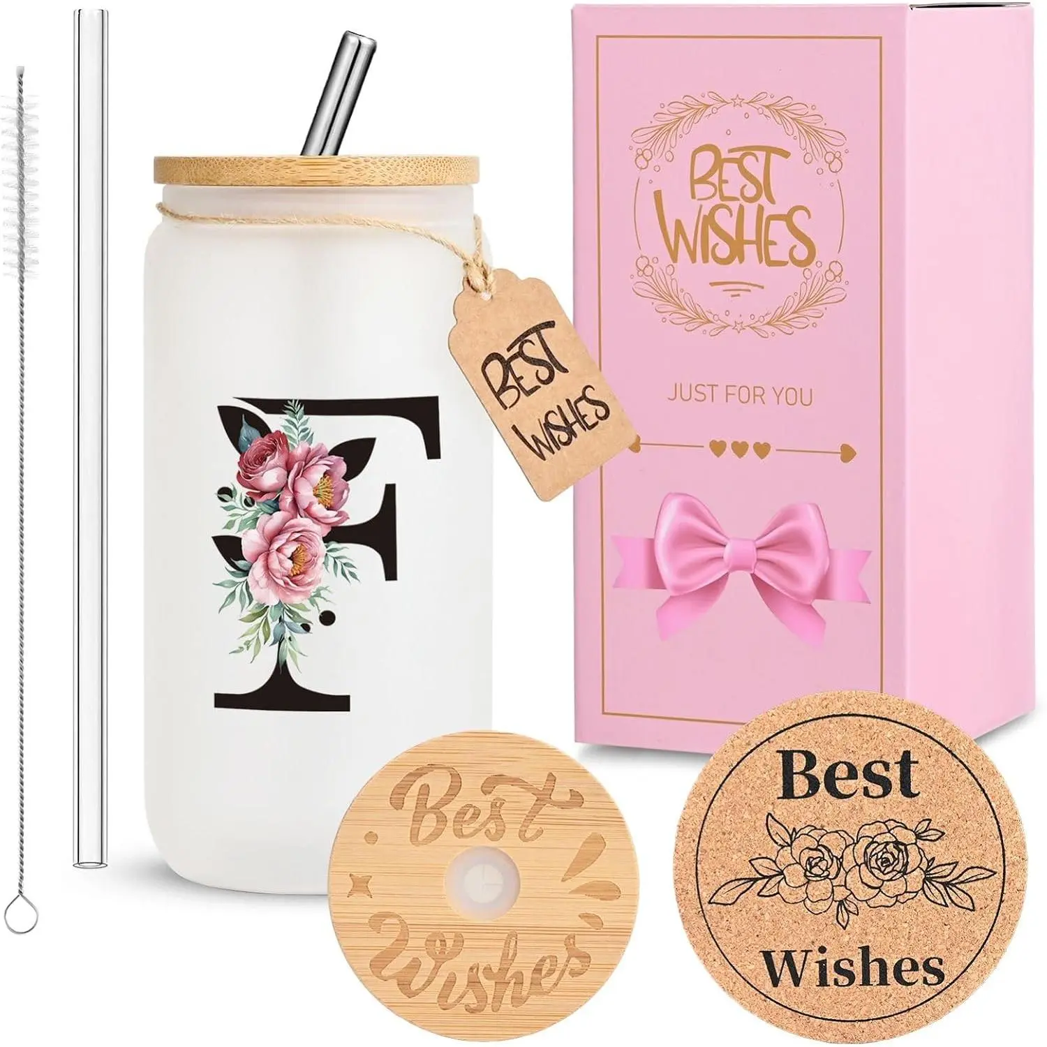 16oz Monogrammed Glass Tumbler, Frosted with Lid and Straw, Initial F | Personalized Initial Cup for Women,  Box Included, Cork Coaster,  Tumbler, for Coffee, , Birthday, Christmas