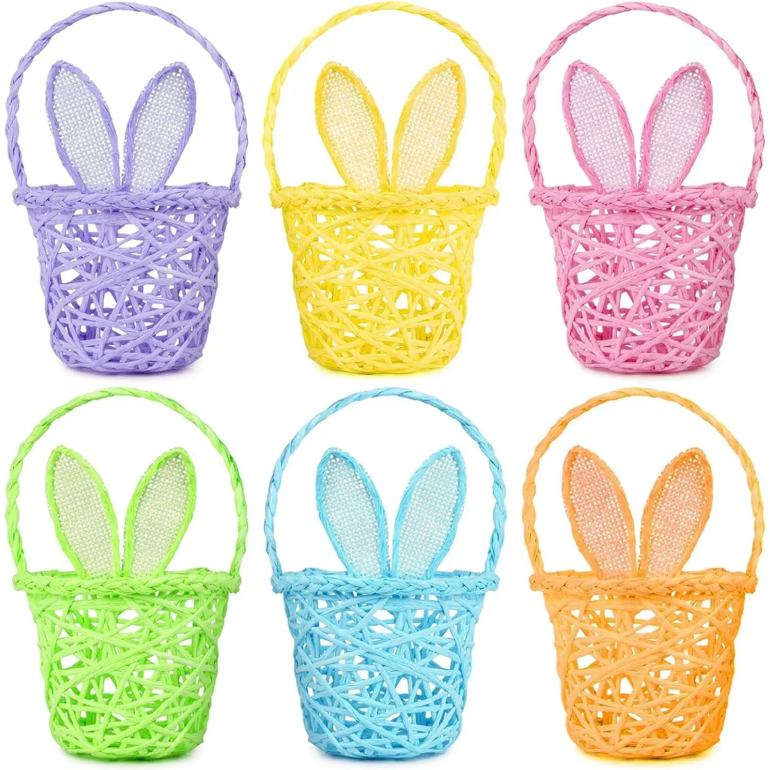 6-Piece Handmade Bunny Ears Easter Egg Baskets, Assorted Colors Festive Decor & Gifts for Easter Holiday Party Celebrations