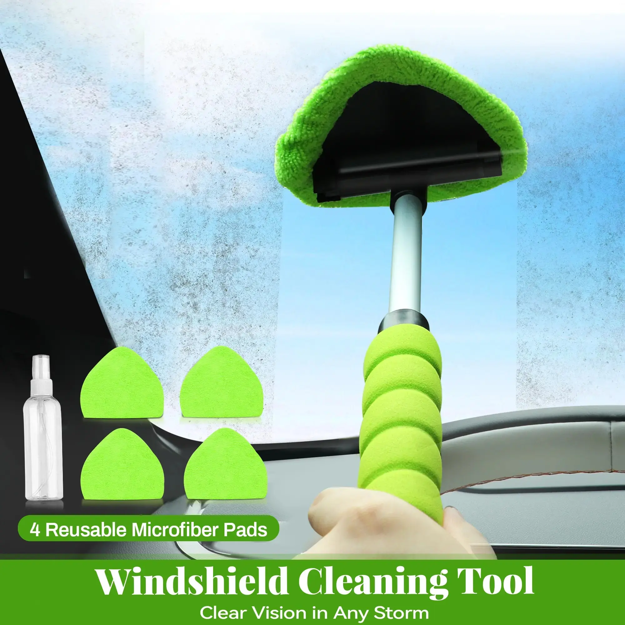 Car Windshield Cleaner Brush | Long Handle Microfiber Window Cleaning Tool with 180° Rotating Triangular Head and 4 Reusable Washable Pads