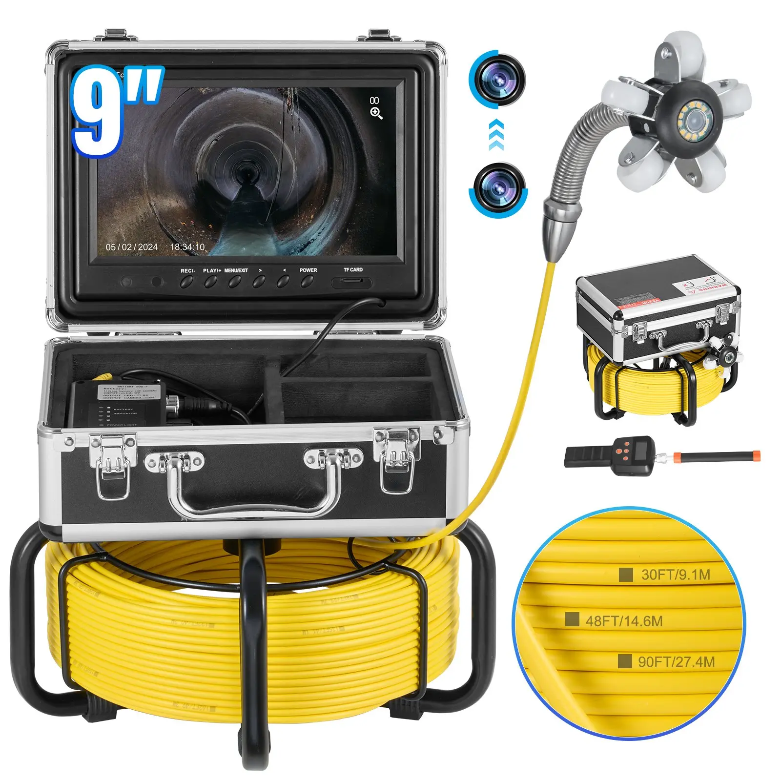 VEVOR Self-Leveling Sewer Drain Inspection Camera with 512Hz Locator, 98ft/30m Cable, 9" 1080P HD Screen, 36X Zoom, 12 LED Lights, 32GB SD Card for Plumbing Duct Pipes