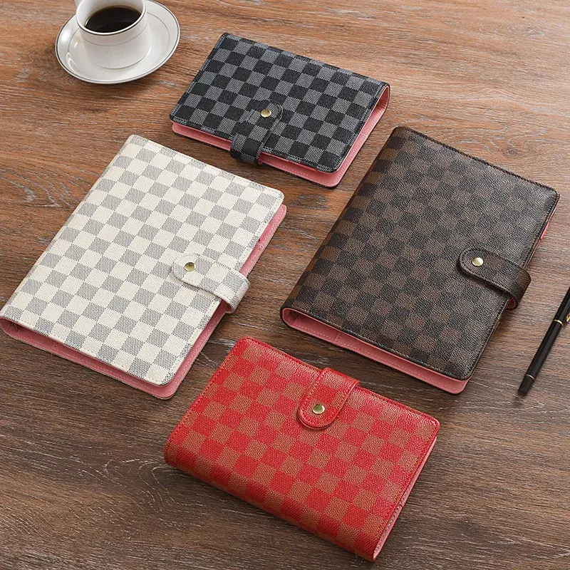 A5 Hardcover Loose-Leaf Notebook, High-End Faux Leather Cover, Checkered Pattern, Multifunctional Business Diary
