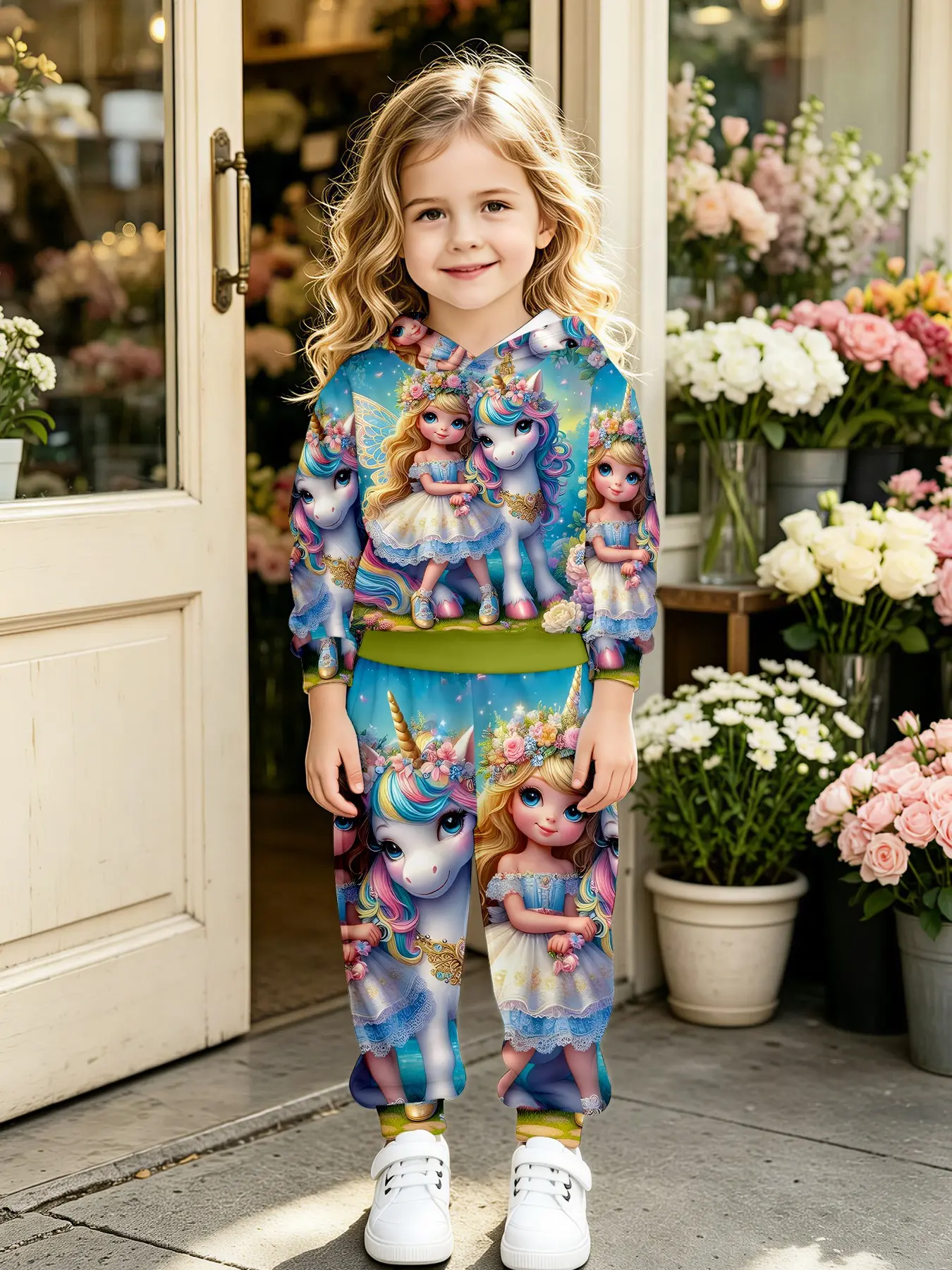 Girls' Unicorn Princess Hoodie Set, Blue Fairy Tale Full Print Two-Piece, Cute Fantasy Clothing, Perfect for Parties, Christmas Gifts, Birthdays