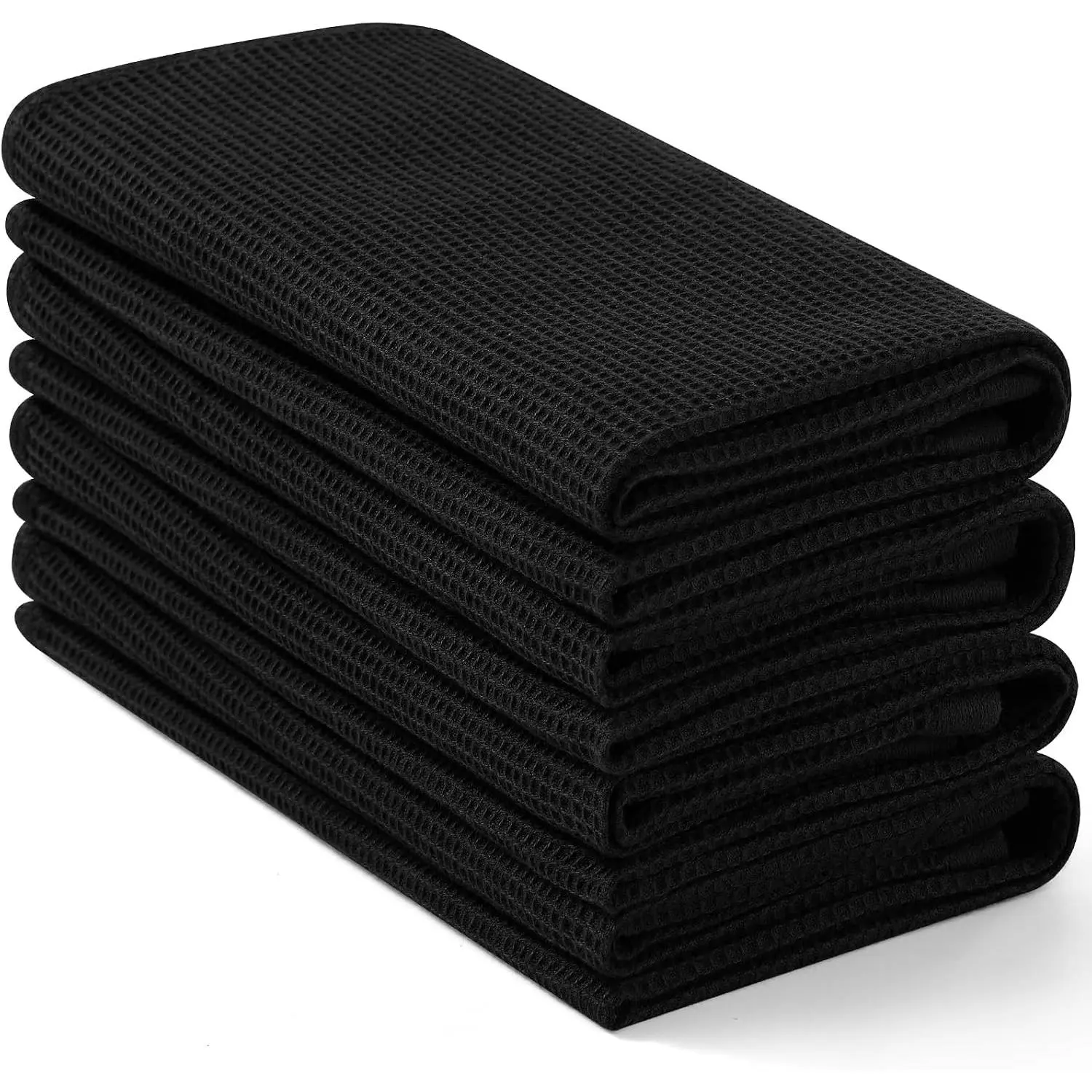 100% Cotton Waffle Weave Kitchen Towels - 4 Pack Soft and Absorbent Dish Towels - 16 x 26 Inches Quick Dry Hand Towels - Black
