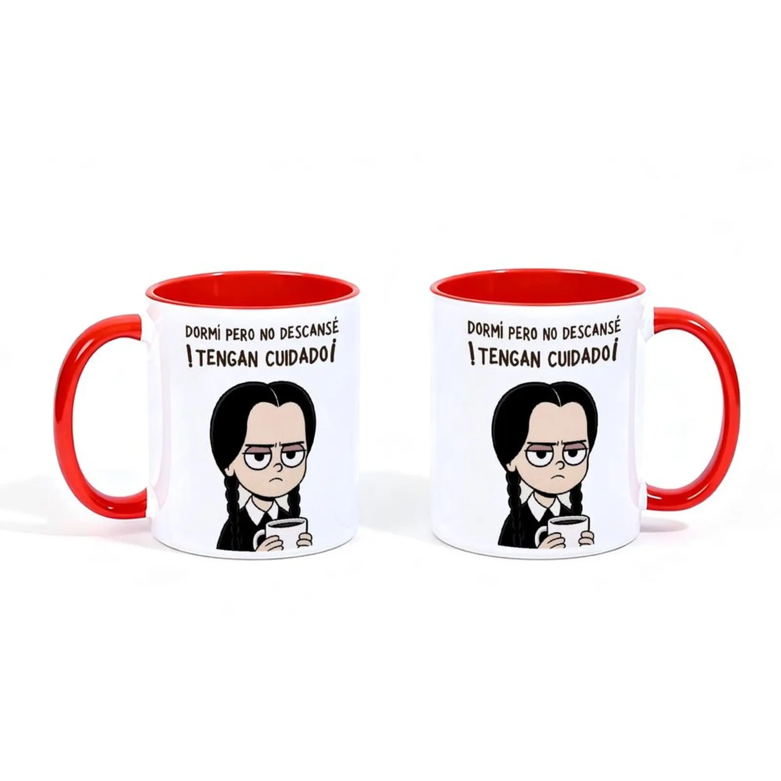 Grumpy Wednesday Character Restless Sleep Reminder Spanish Quote Graphic 11oz 15oz Red Interior Handle Ceramic Tea Mug, Home Office Beverage Cup, Halloween Christmas Holiday Present For Tv Show Fans Office Workers Family Colleagues