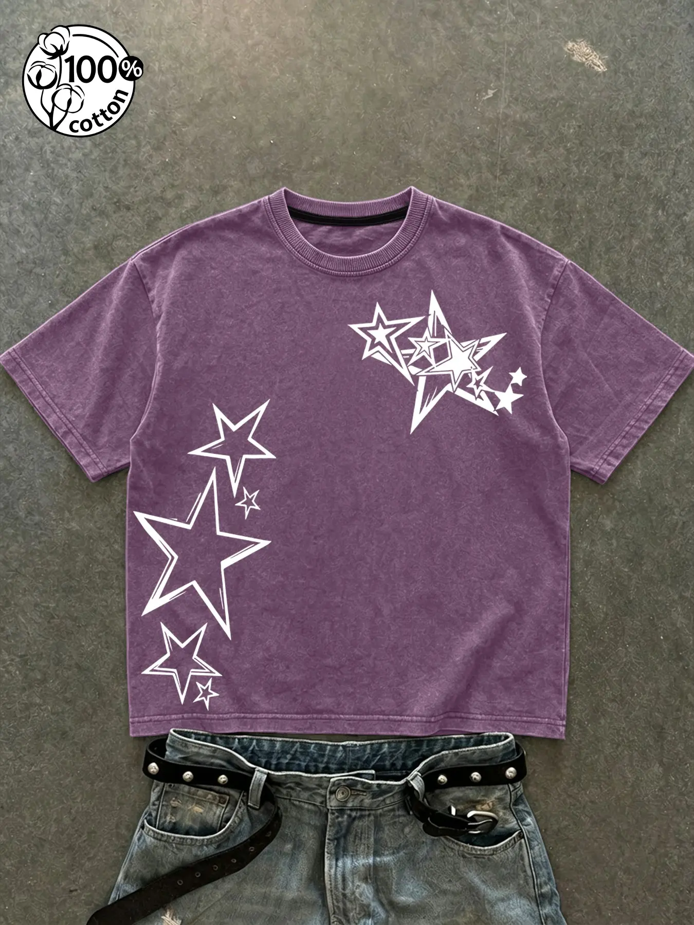 Men's Irregular Star Pattern Print Short Sleeve T-Shirt, Vintage Washed 100% Traceable Cotton, Loose Fit Casual Top for Daily Wear