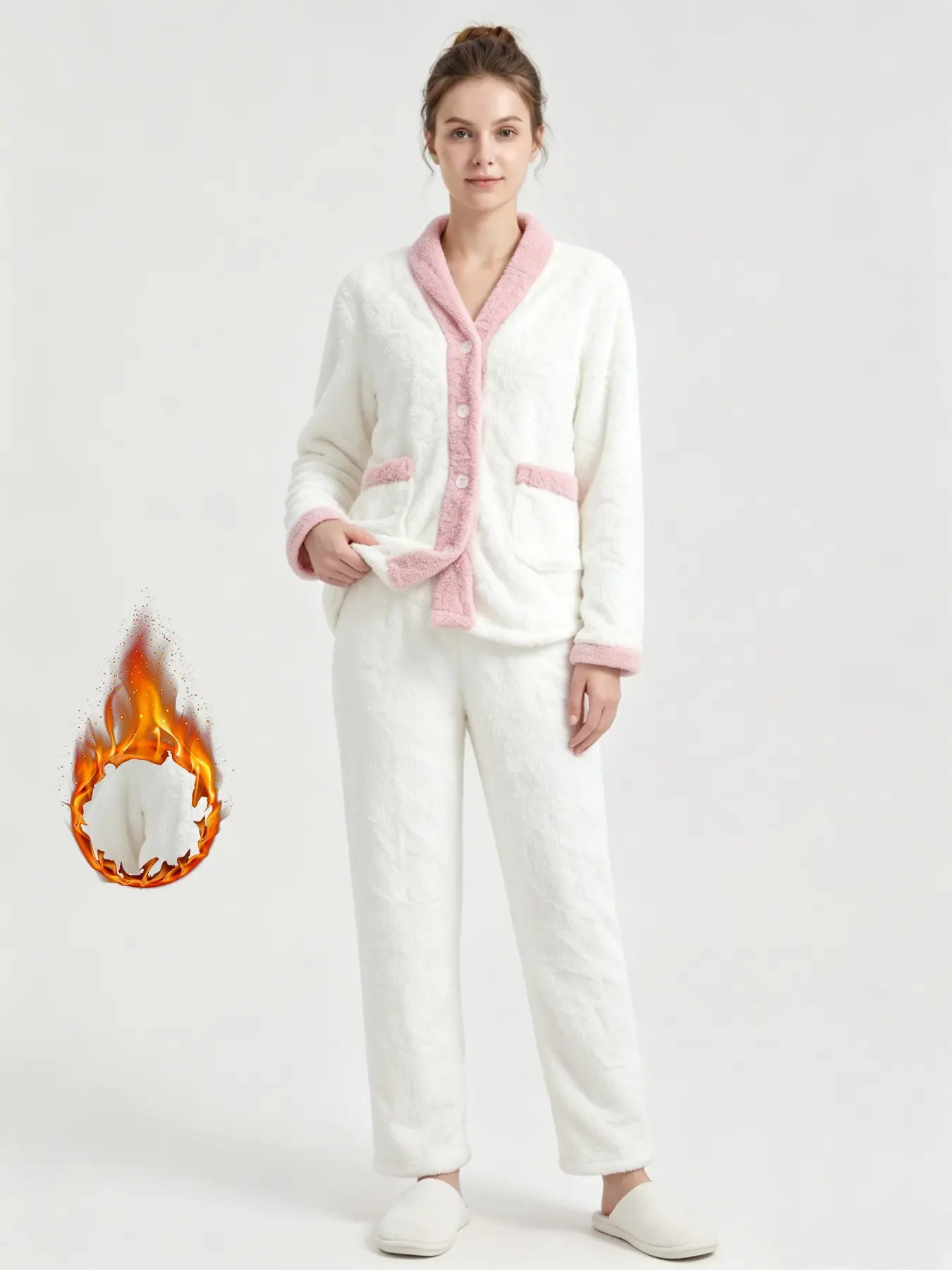 Women's Flannel Sleepwear Set, V-Neck Long Sleeve Top & Pants, Pocket Design, Cozy Home Wear, Fall Winter Two-Piece