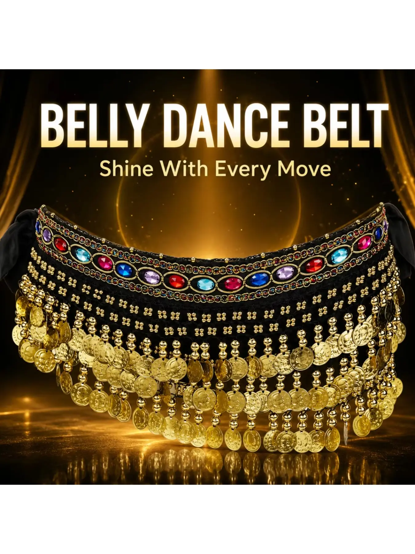 Belly Dance Hip Scarf Belt Women Gold Coin Tassel Waist Chain Colorful Gem Stage Performance Dance Costume Accessory