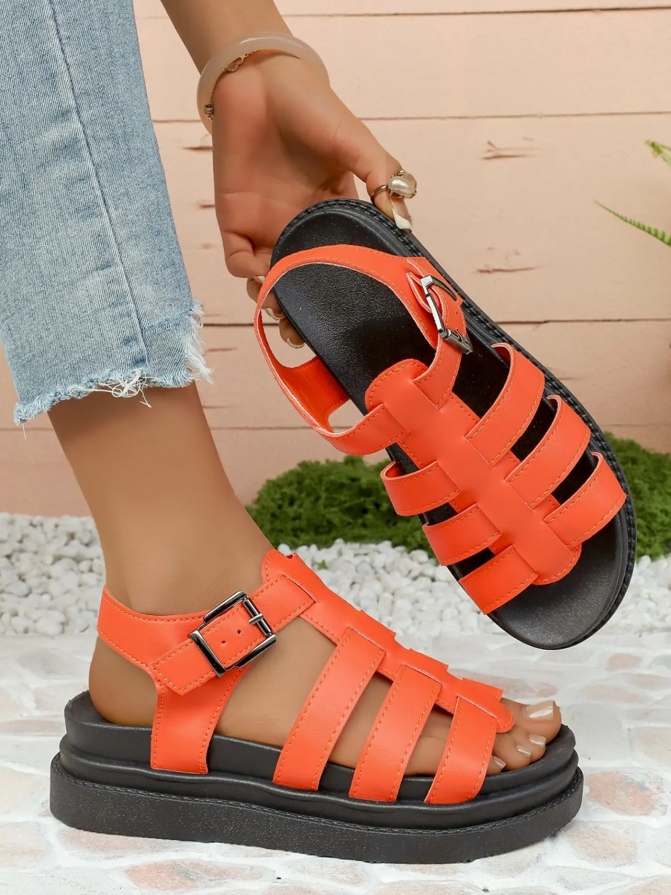 Vintage Fisherman Sandals, Thick Sole Sporty Flip Flops, Soft PU Open-Toe Buckle Slippers, Women's Beach Casual Shoes