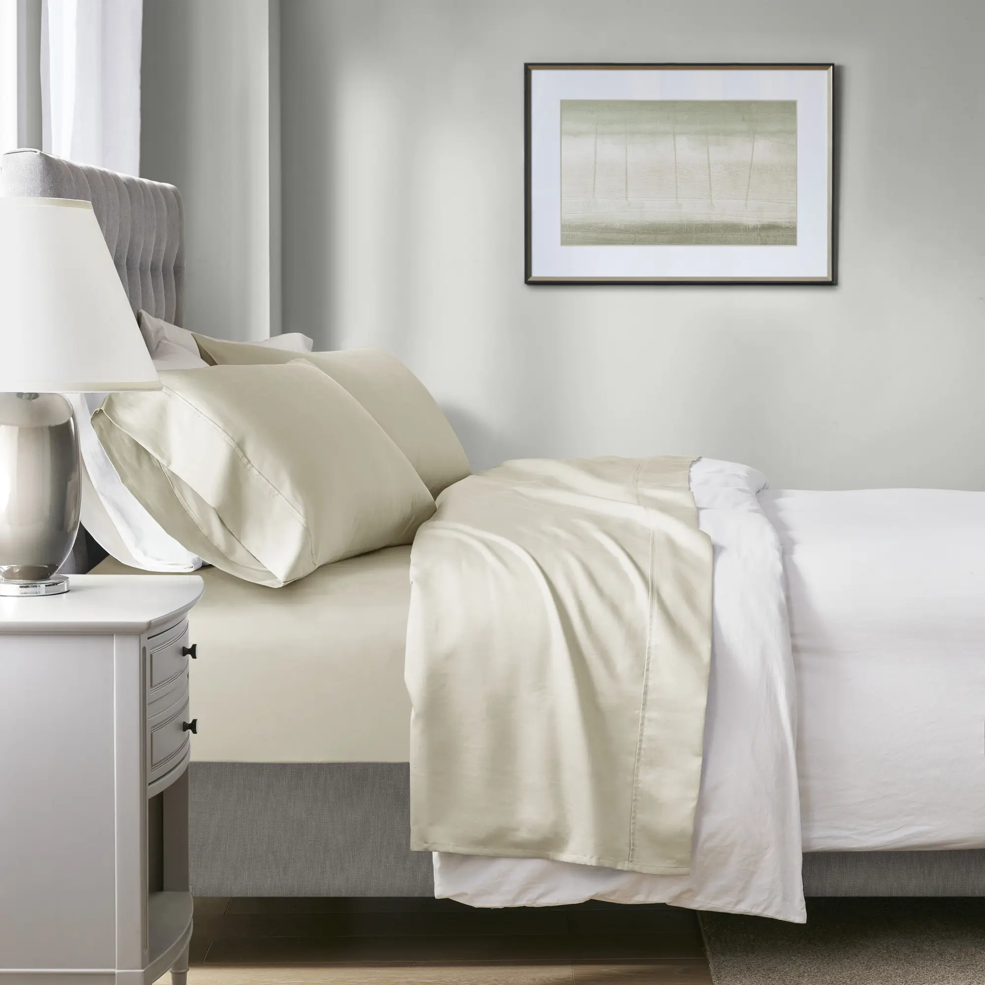 Nokaa King 4-Piece HeiQ Smart Temperature Cotton Blend Sheet Set, Ivory, Cooling Sleep Bedding, Breathable, Moisture-Wicking, Soft Sateen Weave, Deep Pocket Fitted Sheet, All-Season Comfort, Master Room Luxury Home Essentials