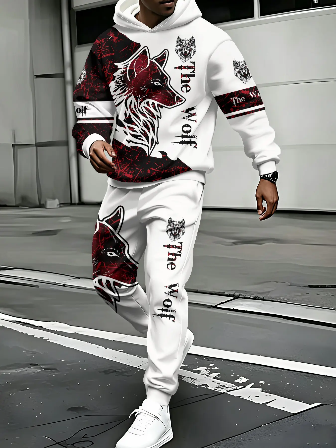 Men's two-piece set: white long-sleeve hooded sweatshirt with digital red wolf head print + drawstring casual trousers. The flat digital print has no embossed texture, a versatile lazy everyday casual outfit