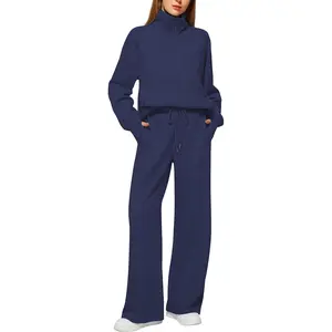 Women's 2 Piece Outfits Lounge Set 2025 Oversized Half Zip Sweatshirt Wide Leg Sweatpant Set Sweatsuit Tracksuit