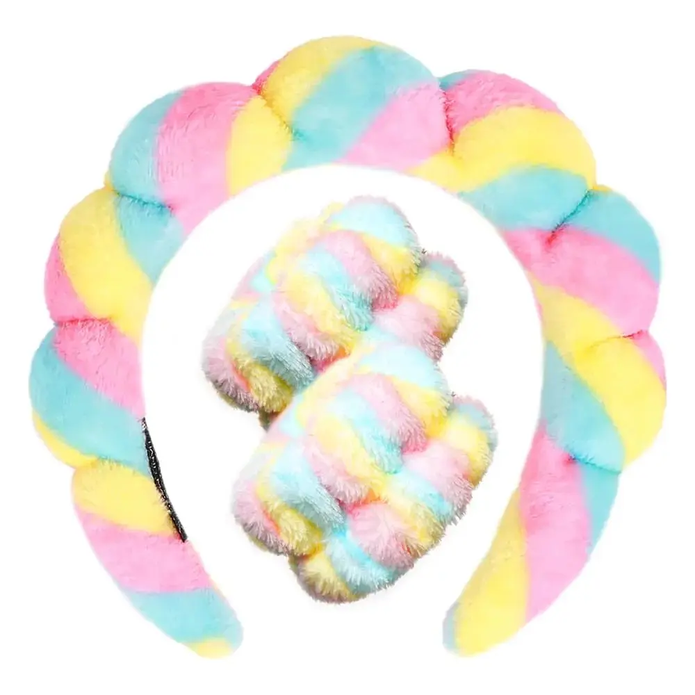 Spa Headbands for Washing Face Wristband Set Sponge Makeup Skincare Headband Wrist Towels Bubble Soft Terry Towel Cloth Hairband for Women Puffy Headwear Non Slip Thick Thin Hair, 3.5*3.5*2 Inch, 7*7*1.4 Inch