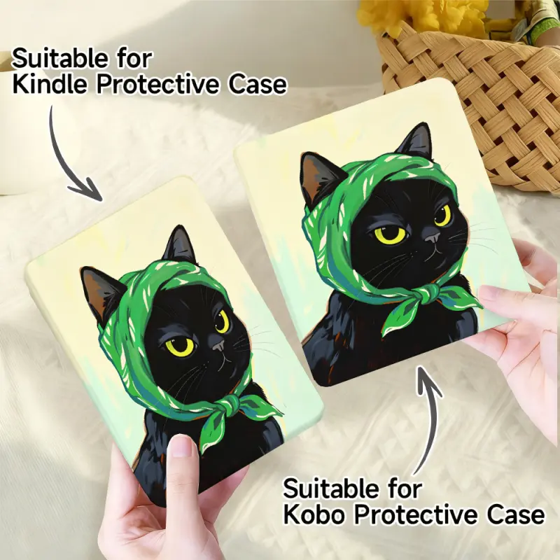 for Kindle/kobo/Tolino Case Black Cat With Green Scarf for New Kindle 11Th 2019, for Kindle 11th Generation Case for Kindle 11Th (2022/2024), 6-Inch, 7-Inch Kindle Paperwhite 12Th Generation 2024 Vision Color (2024) /Vision 6 (2021）/Shine Color (2024), Fa