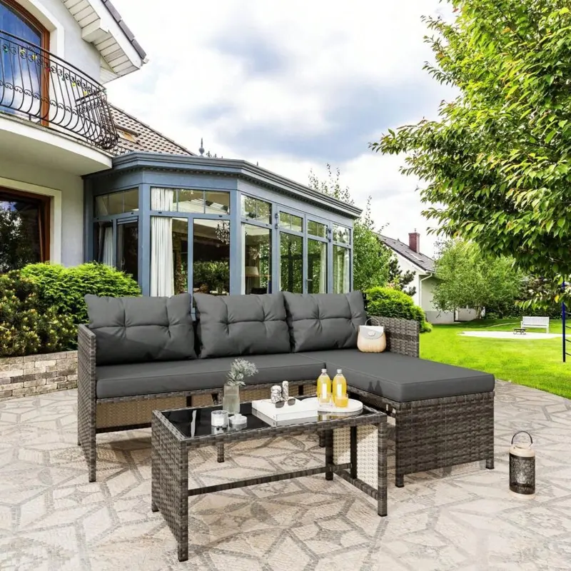 3 Piece Patio Furniture Sets, All-Weather PE Wicker Outdoor Sofa Couch Sectional Set, Small Conversation Set For Garden/Patio W/Cushion, Glass Table Outdoorfurnitureset