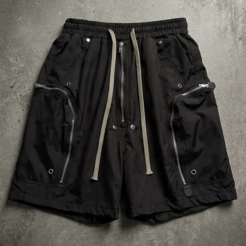 Men's Casual Polyester Plain Cargo Shorts - Elastic Drawstring Waist, Front Zipper Placket, Large Zipper Side Pockets, Metal Eyelet Decor, Loose Straight Knee-Length Menswear - Breathable Functional Techwear for City Walks, Weekend Hangouts