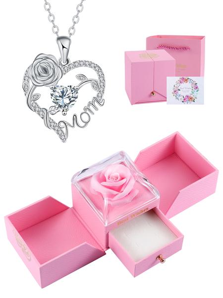 Rose Jewelry Gift Box With Heart Rose Mom Pendant Necklace, High End Necklace for Mama Grandma, Perfect for Mother's Day Gift Christmas Gift