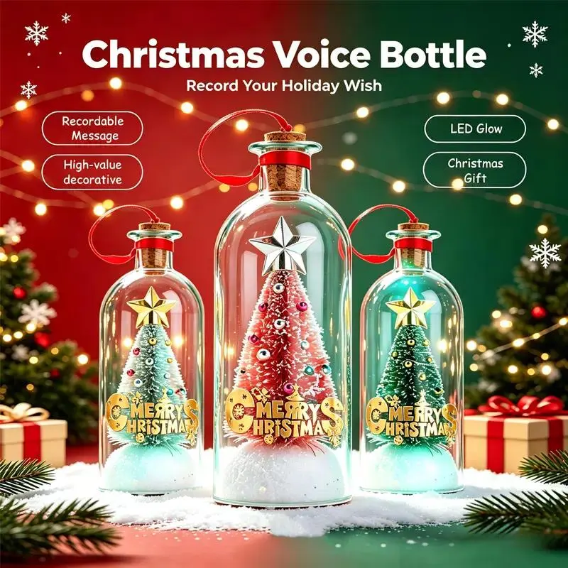Voice Recordable Christmas Tree Bottle Personalized Voice Message Ornament LED Glowing Lighted Decor Interactive Holiday Keepsake Christmas Gift