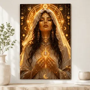 "Celestial Mystic Goddess" Gothic Canvas Wall Art, Ornate Gold & Gem Spiritual Portrait Print, Aesthetic Living Room Bedroom Decor, Occult Mystical Statement Poster Gift,wall decor,poster.