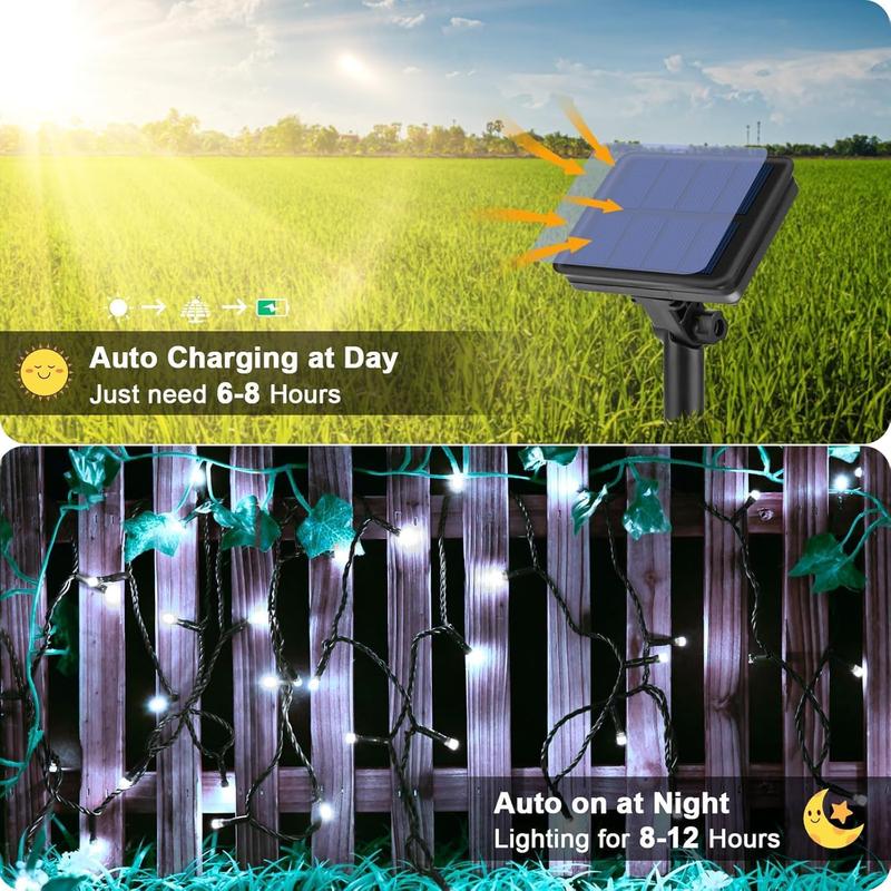 Solar-powered decorative string lights: The warm light version contains 200 LEDs, while the white light version contains 300 LEDs. They support 8 different flashing effects, making them perfect for decorating Christmas scenes, as well as for embellishing
