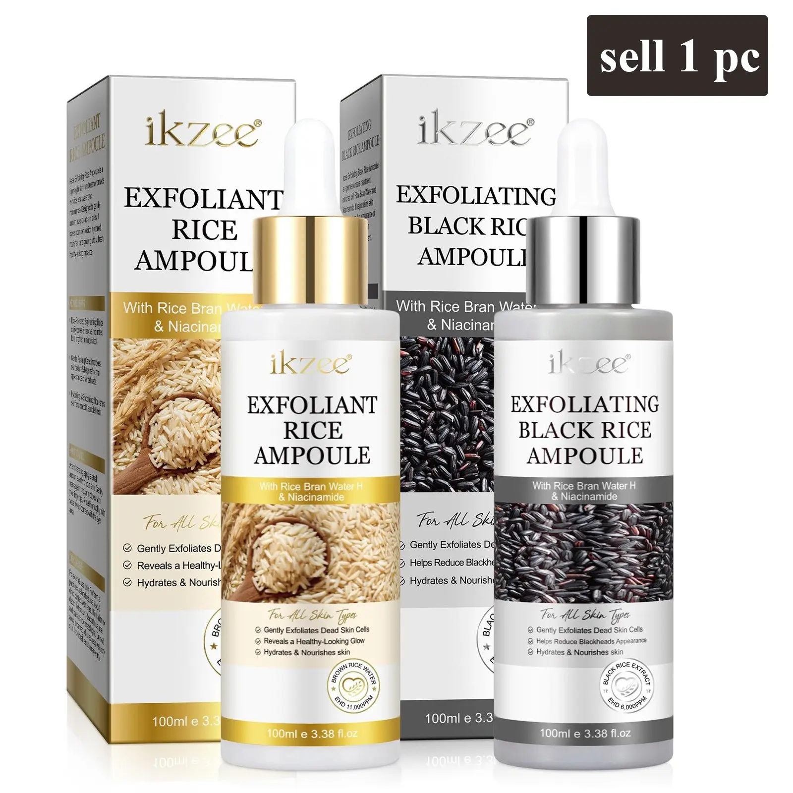 ikzee Black & White Rice Exfoliating Serum: Exfoliates with fermented rice extract for gentle exfoliation, cleanses the skin, and refines pores. Suitable for all skin types, it restores the skin’s natural radiance. 1 bottle per pack.