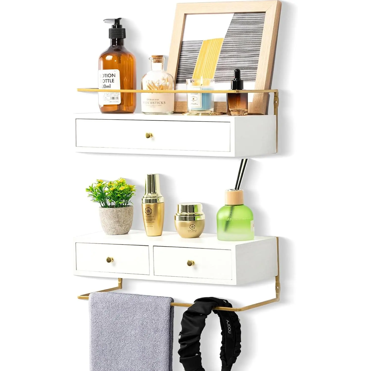 Floating Shelves With Drawers Set of 2, Wall Mounted Bathroom Storage, Rustic  Shelves for Bedroom, Living Room, Kitchen,  Decor, , Books (White)