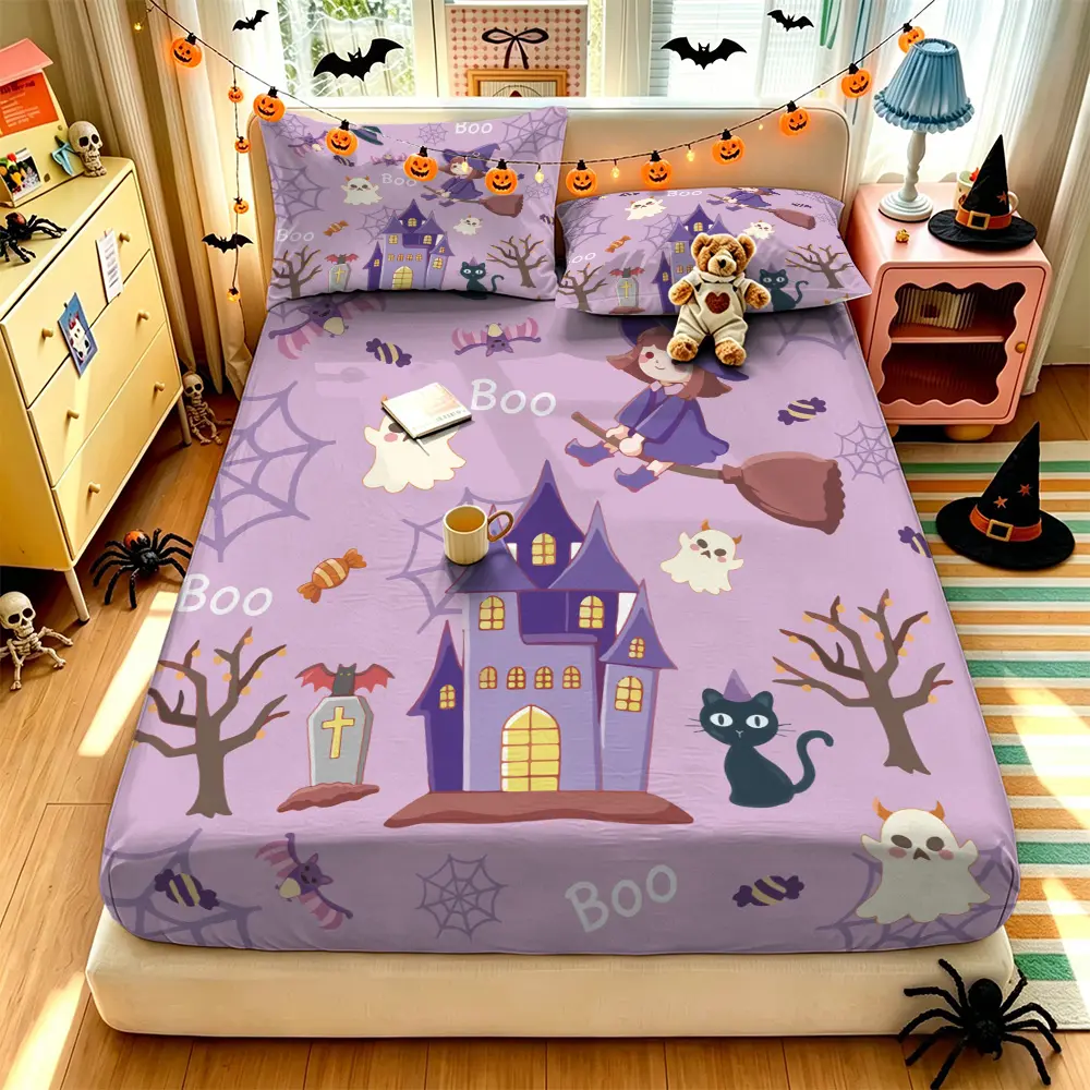 (1 fitted sheet + 2 pillowcases, no filler),Halloween Castle Witch Pattern,Safe harmless fitted sheet 3-piece set with soft skin-friendly texture, machine washable duvet cover set for dorm and bedroom, usable all year round