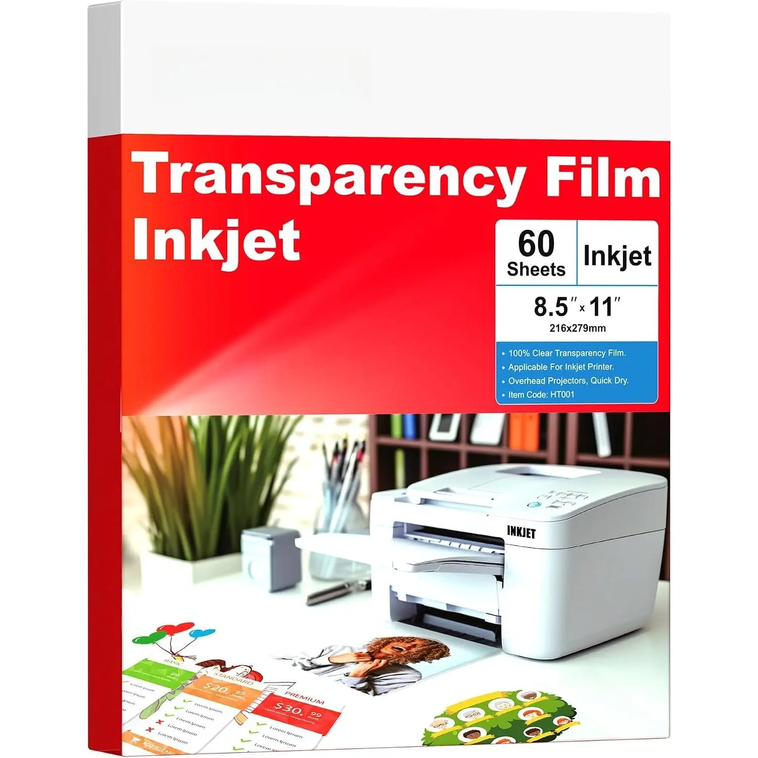 Inkjet Transparency Film 5Mil 60 Sheets  Clear Overhead Projector Film for Inkjet Printers 8.5x11 Inches Thicker Acetate Sheets Clear Transparent Paper for Overhead & Screen Printing