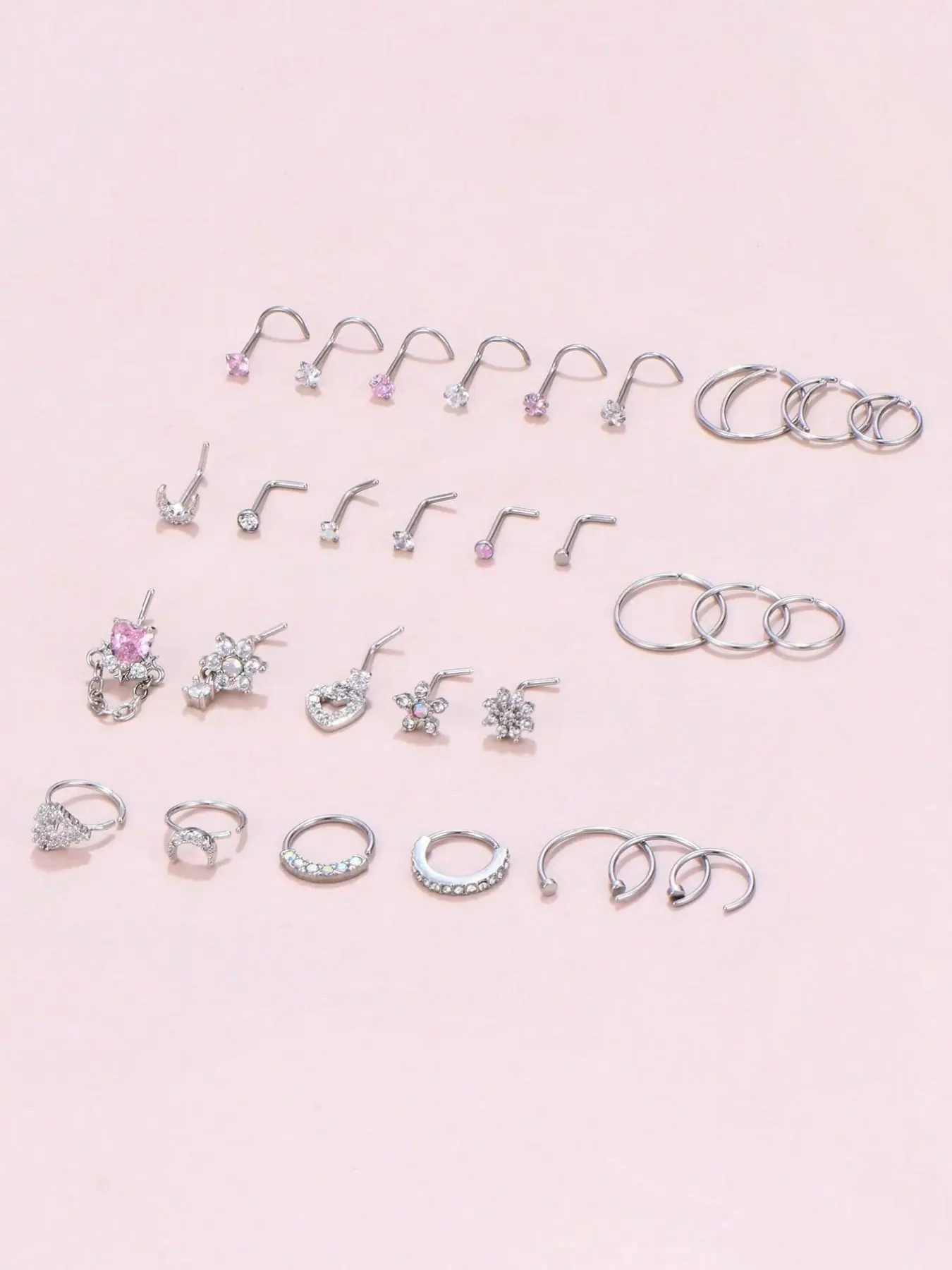 30 Pcs 20g Nose Ring Set for Women, Nose Piercing Jewelry Includes L-Type, Spiral, Hoop, Straight Bar, Heart, Sun, Flower, Star, Moon, Rose Designs