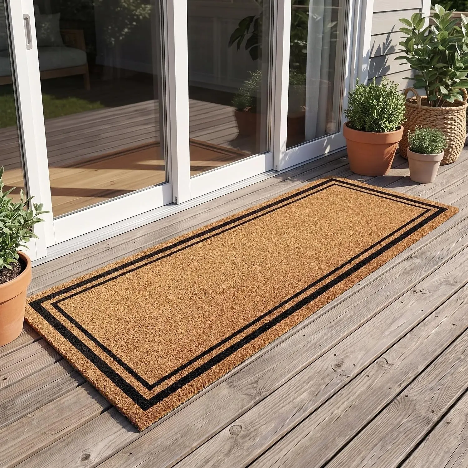 Black Border Coco Coir Doormat, 24" x 60", Non-Slip Backing, Heavy Duty Natural Fiber Front Door Welcome Entrance Mat, Low Clearance, Outdoor Indoor
