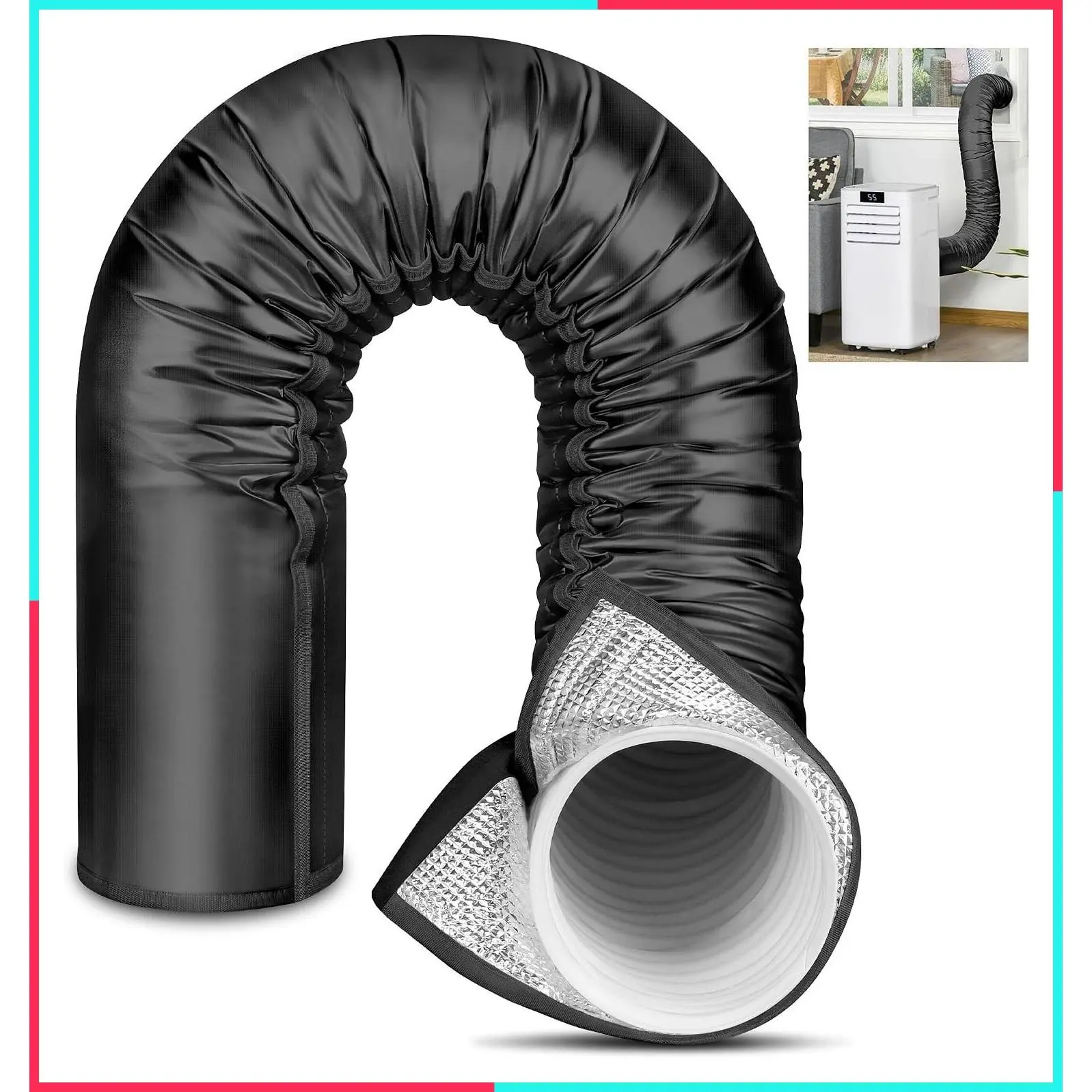 Portable AC Hose Insulation Sleeve, 3-Layer Thick Aluminum Foil Cover Wrap, Reduce Heat & Improve Cooling Efficiency, Fits 5" & 5.9" Exhaust Hose, Black