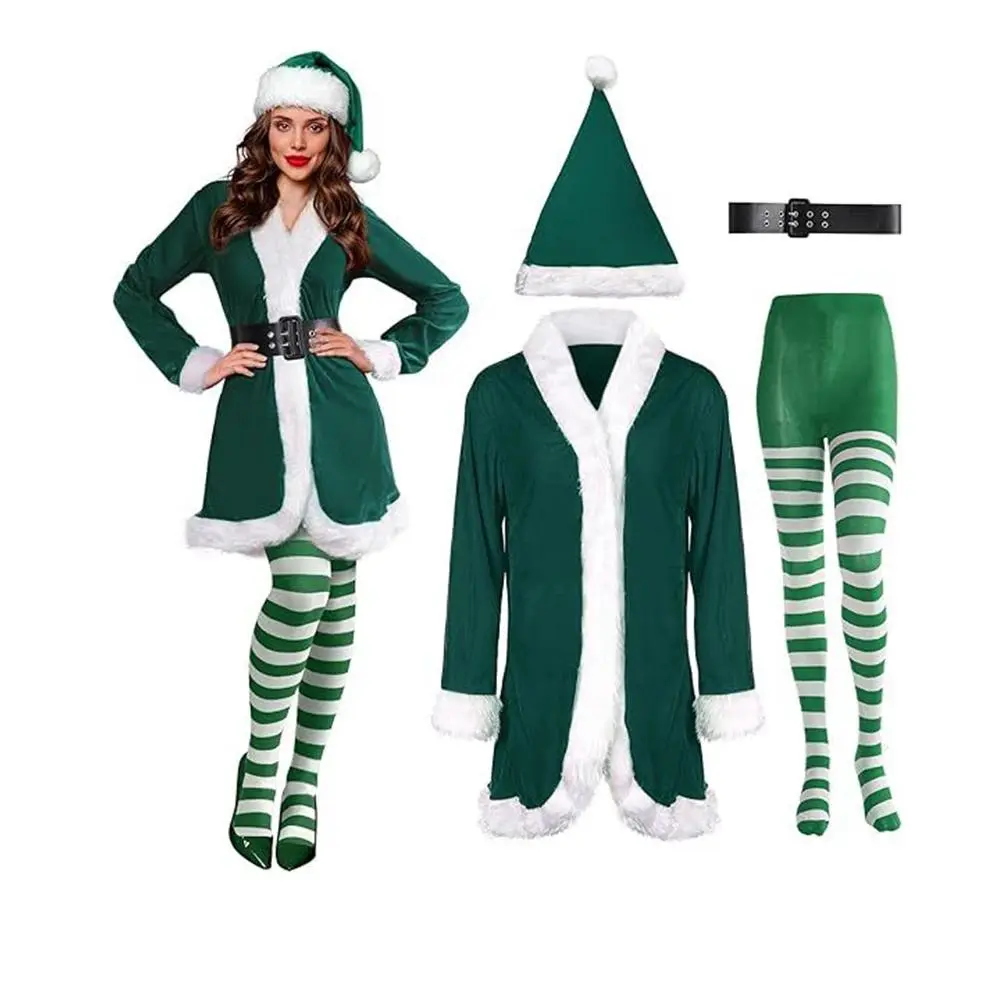 Christmas Santa Claus Costume Women Green Elf Cosplay Girl Carnival Party New Year Fancy Dress Clothes Set Parent-child Clothing