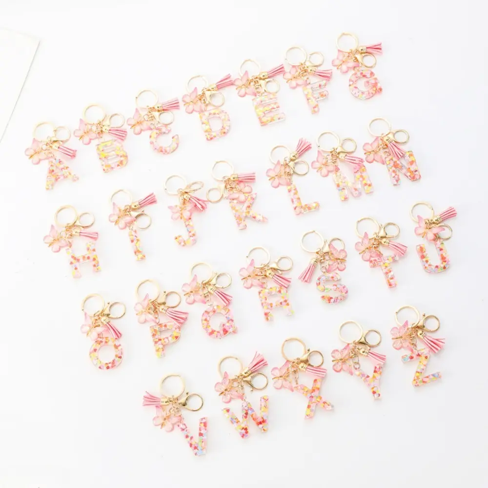 Girl's Personalized Glitter Alphabet Keychain - Pink Resin Initial Pendant, Butterfly Tassel, Anti-Rust Metal Lobster Clasp, DIY Base, All Year Campus Study Bag Accessory for School Backpacks, Car