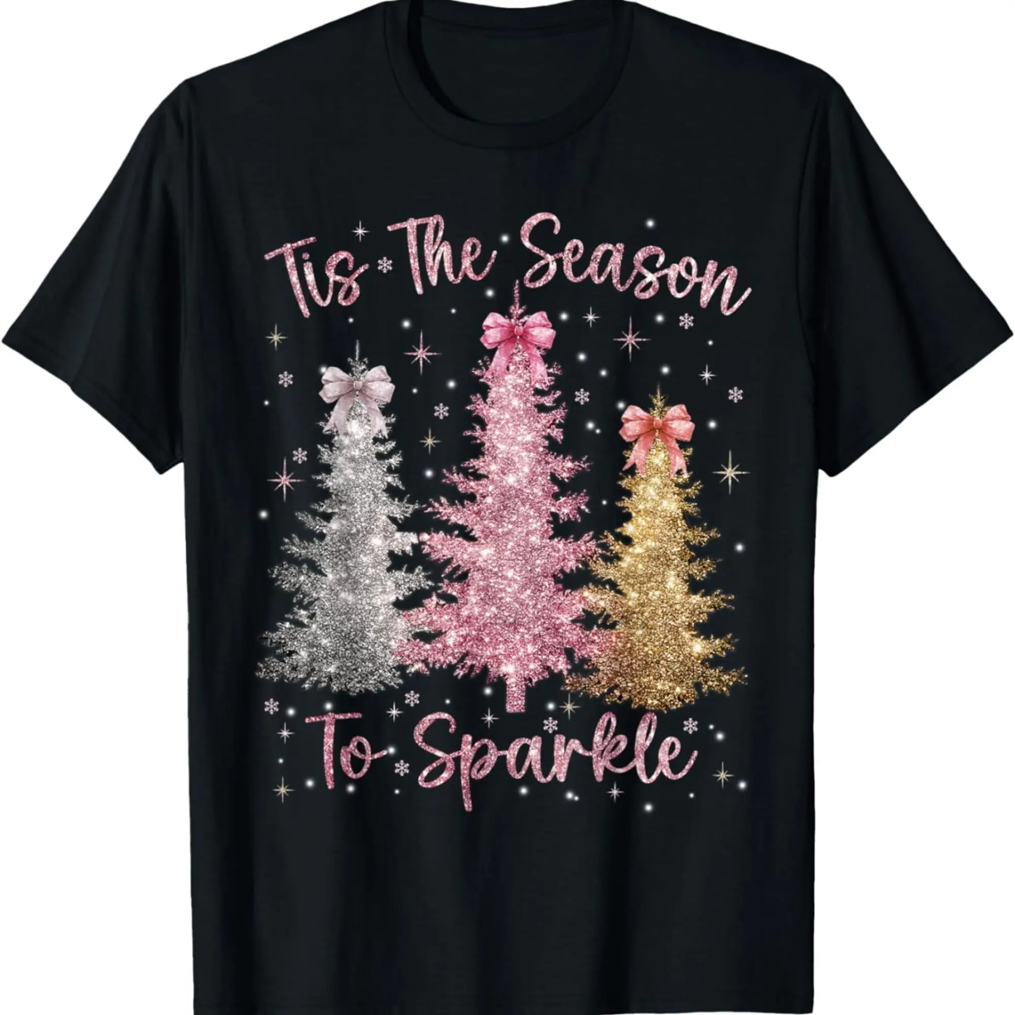 Women Tis The Season To Sparkle Graphic T‑Shirt, Glitter Effect Pink Silver Gold Christmas Tree Bow Snowflake Print Short Sleeve Tee, Festive Holiday Crew Neck Top