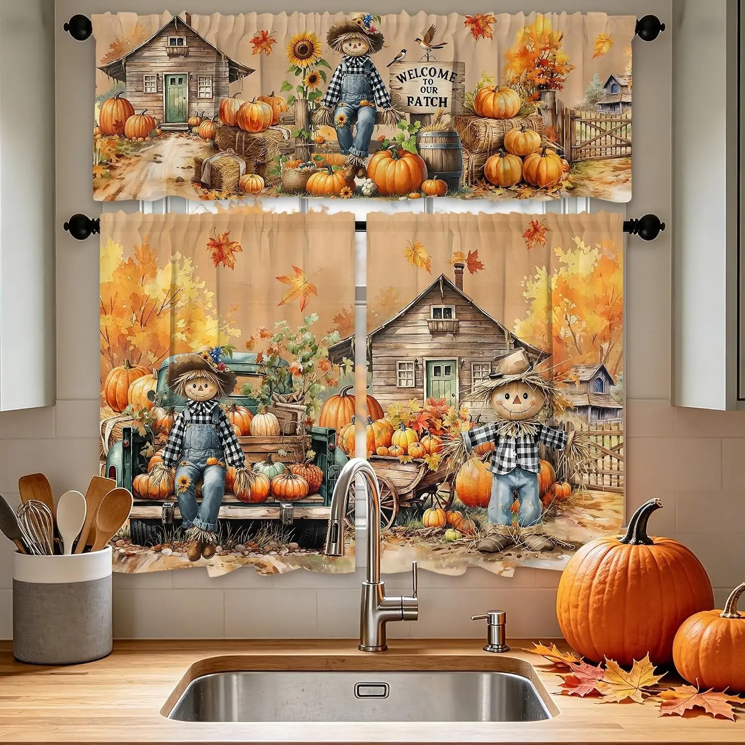 Fall Kitchen Curtains and Valances Set 3 PCS for Window, Scarecrow Farm Kitchen Decor for Bahtroom, Home - Laundry Thanksgiving Farmhouse Short Curtains
