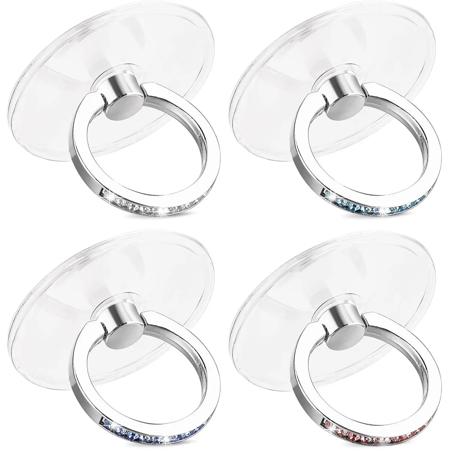 4 count Phone Finger Ring Transparent Bling Cell Phone Case Ring Holder with Rhinestones Phone Ring Holder Grip Kickstand 360° Rotation Compatible with Phones Tablets Case