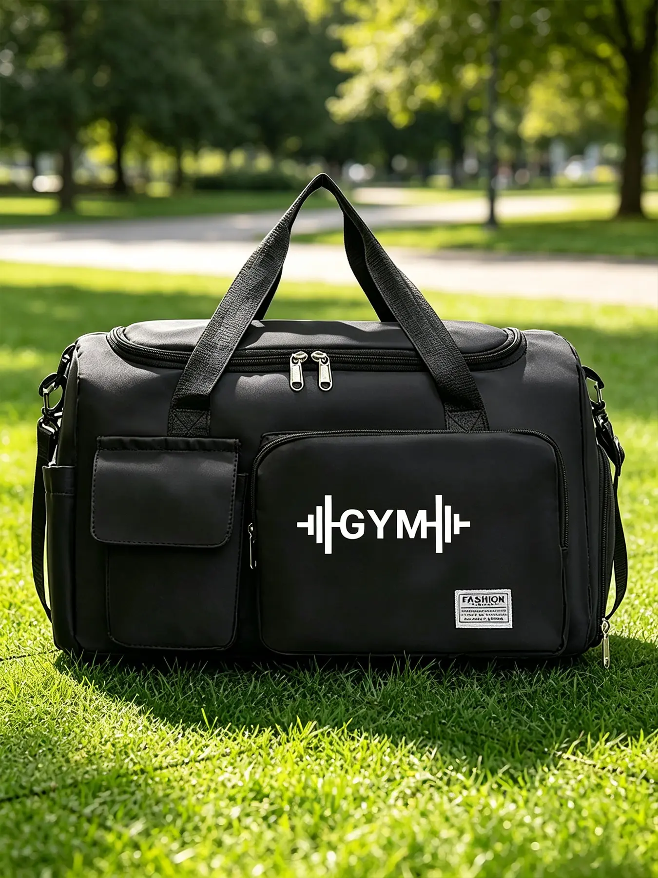 Gym Dumbbell Pattern Sports Bag, Large Capacity Handbag, Multi-Pocket Design, Adjustable Strap, Portable for Travel, Overnight, Fitness