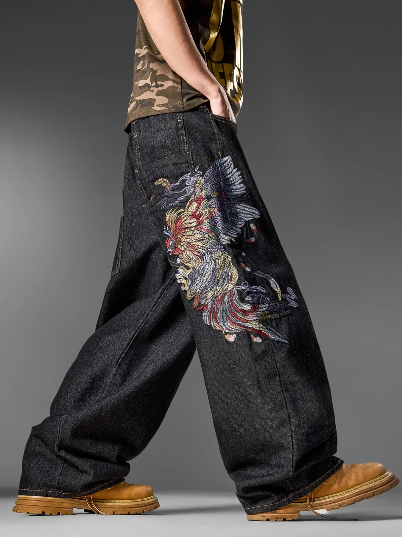 Men's American High Street Original Color Jeans Wide Leg Pants, Side Monster Embroidery Vintage Loose Long Pants, All Seasons