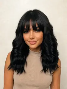 Wavy Natural Medium Length Wig with Bangs for Women, Soft Wavy Curly Synthetic Shoulder Length Wigs for Daily Party Use, Synthetic Wavy Hairstyle, Wave with Bangs